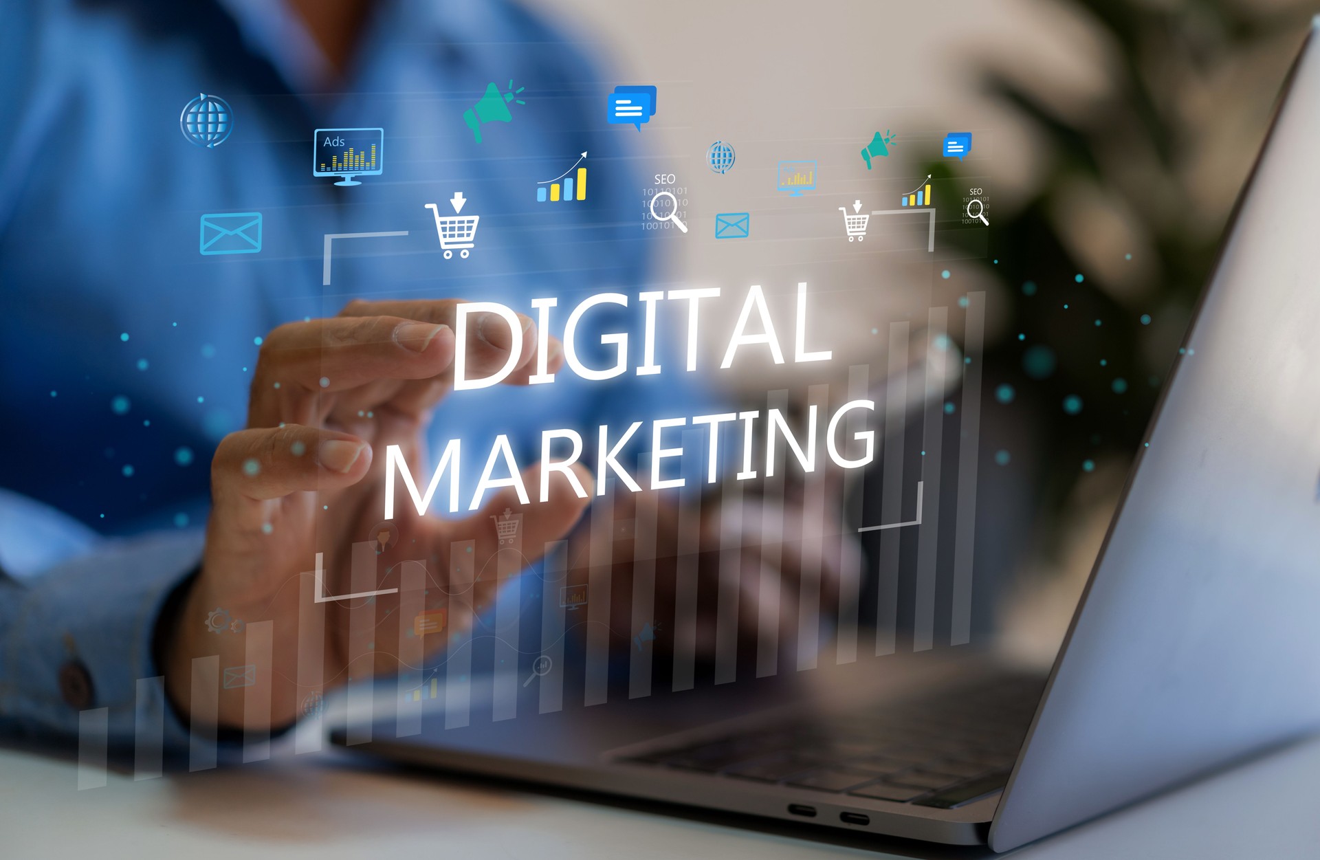 Human with digital online marketing commerce sale, website advertising, promotion of products, digital marketing strategy and goals, digital search engine, SEO, social media, ads, E-commerce